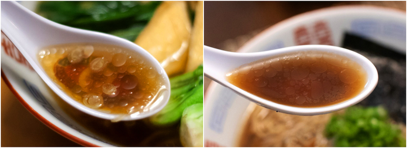 Unsaturated fats, such as vegetable oil (left) create bright shiny lenses of fat, while saturated fats (right) have a duller appearance.
